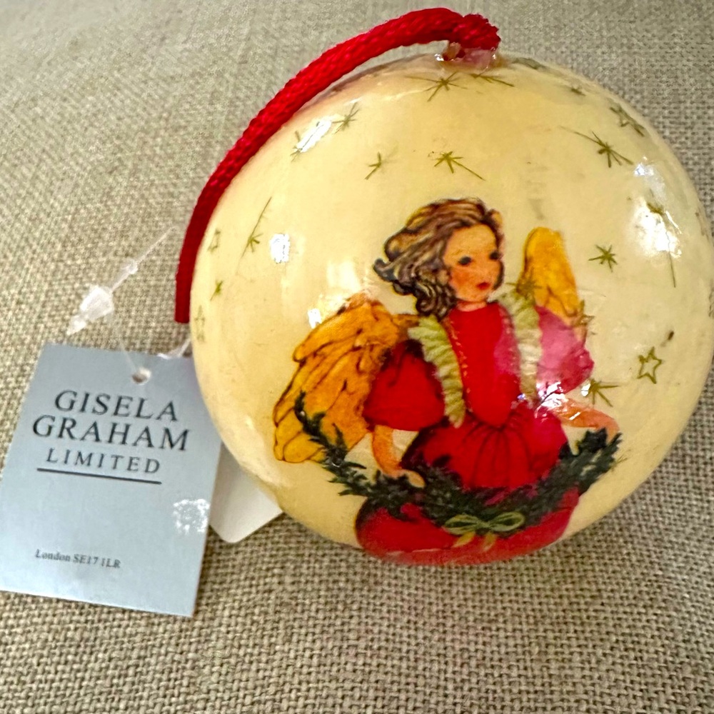 NWT NEW Gisela Graham UK Nostalgic Decoupage Angel Christmas Bauble Orb Ornament